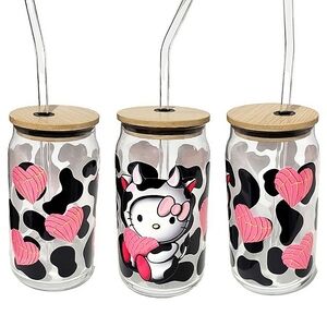 Hello Kitty Cow Glass Tumbler Cup 16oz Pink Black Design